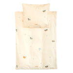 Roommate organic cotton single baby bugs cream bedding set laid out on a white background