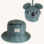 Two Roommate Koala bucket hats, one is opened up into the bucket hat form, and another is folded into itself to create a koala face. 