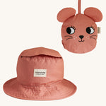 Two Roommate Mouse bucket hats, one is opened up into the bucket hat form, and another is folded into itself to create a mouse face. 