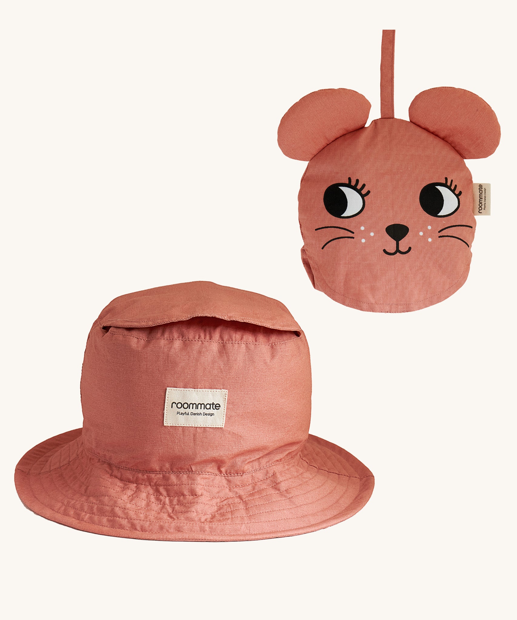 Two Roommate Mouse bucket hats, one is opened up into the bucket hat form, and another is folded into itself to create a mouse face. 