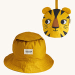 Two Roommate Tiger bucket hats, one is opened up into the bucket hat form, and another is folded into itself to create a tiger face. 