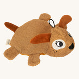 Side view of the Roommate organic cotton dog washcloth bath toy, showing the terry cotton texture, floppy ears, stitched eye detail, and raised tail.