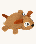 Side view of the Roommate organic cotton dog washcloth bath toy, showing the terry cotton texture, floppy ears, stitched eye detail, and raised tail.
