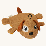Brown organic cotton dog washcloth bath toy by Roommate, shown lying flat on a light background, with embroidered puppy face, floppy ears, four small legs, a tail, and a hanging loop on the head.