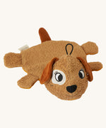 Brown organic cotton dog washcloth bath toy by Roommate, shown lying flat on a light background, with embroidered puppy face, floppy ears, four small legs, a tail, and a hanging loop on the head.