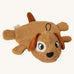 Brown organic cotton dog washcloth bath toy by Roommate, shown lying flat on a light background, with embroidered puppy face, floppy ears, four small legs, a tail, and a hanging loop on the head.