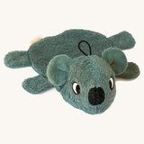 Front view of the Roommate organic cotton koala washcloth bath toy, showing the stitched black nose, white eyes, embroidered freckles, and soft terry cotton texture.