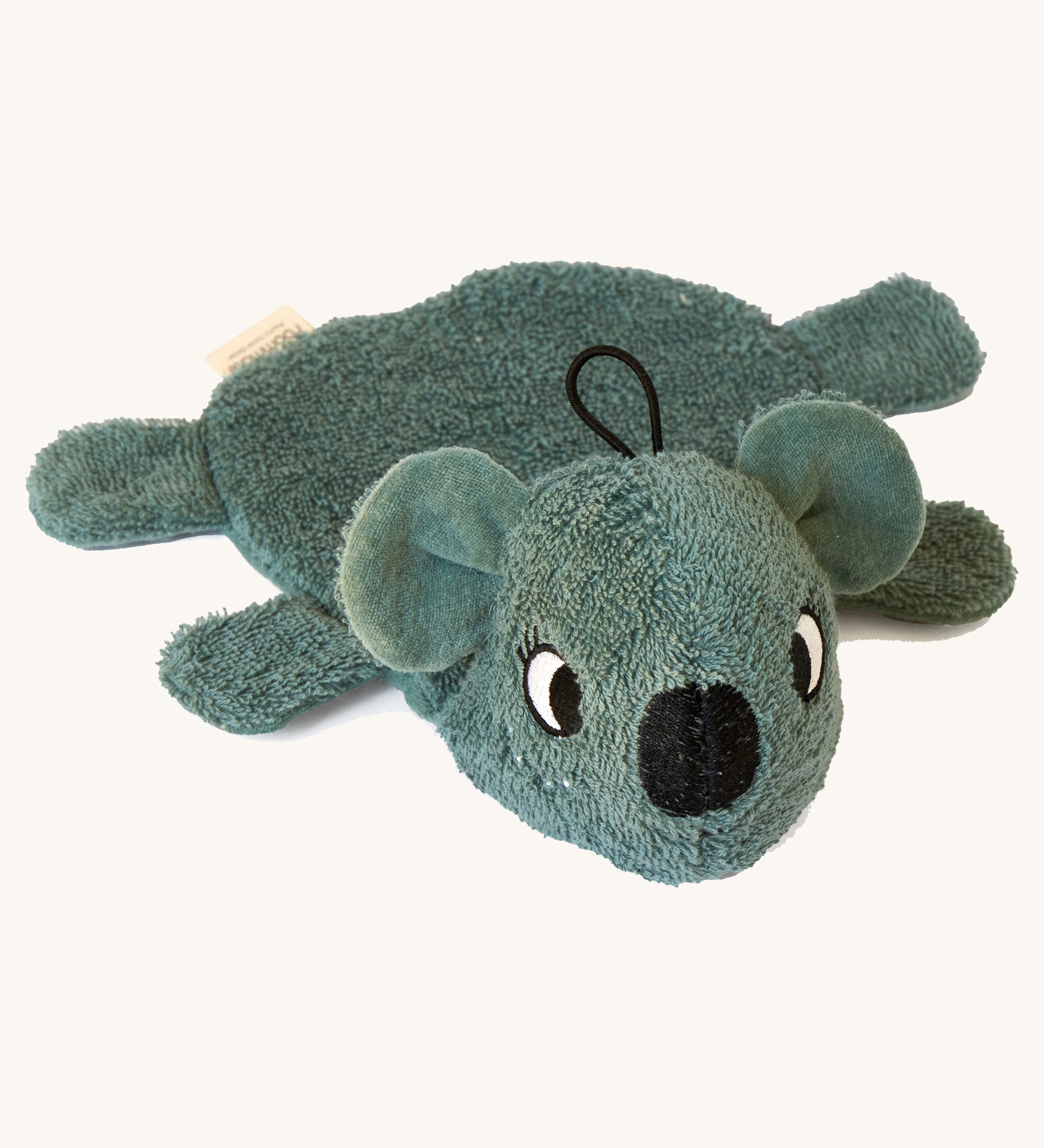 Front view of the Roommate organic cotton koala washcloth bath toy, showing the stitched black nose, white eyes, embroidered freckles, and soft terry cotton texture.