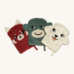 Roomate organic wash gloves. A set of 3 towelling style gloves in a red panda, monkey and dog design with playful facial features.