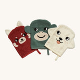 Roomate organic wash gloves. A set of 3 towelling style gloves in a red panda, monkey and dog design with playful facial features.