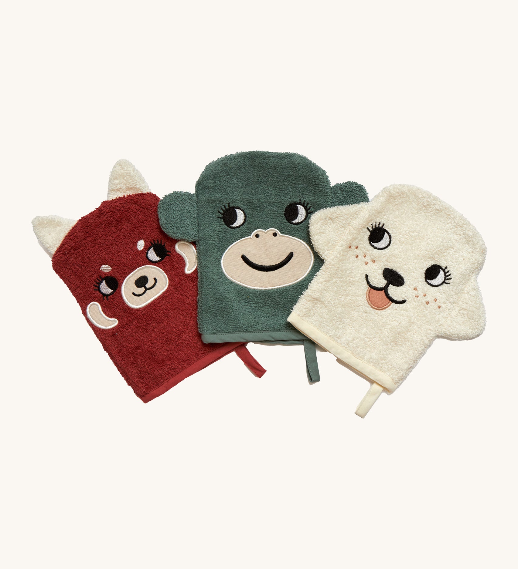 Roomate organic wash gloves. A set of 3 towelling style gloves in a red panda, monkey and dog design with playful facial features.