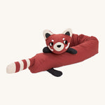 A Roommate red panda long cushion lied flaton a cream background