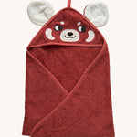 A hooded towel for children from Roommate, in a bright red colour with an embroidered red panda face on the hood and 3D panda ears. 
