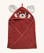 A hooded towel for children from Roommate, in a bright red colour with an embroidered red panda face on the hood and 3D panda ears. 