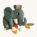 Roommate Elephant activity toy with a friendly embroidered face, big floppy ears, a trunk and toy attachments. Designed with fun details for tiny fingers to fiddle with. This product has many different textures and sounds