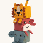 Roommate Soft Animal Stacking Blocks. Soft animal stacking blocks with a lion on top, a monkey in the middle, and an elephant on the bottom. All the blocks have different, movable, fabric parts