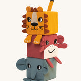 Roommate Soft Animal Stacking Blocks. Soft animal stacking blocks with a lion on top, a monkey in the middle, and an elephant on the bottom. All the blocks have different, movable, fabric parts