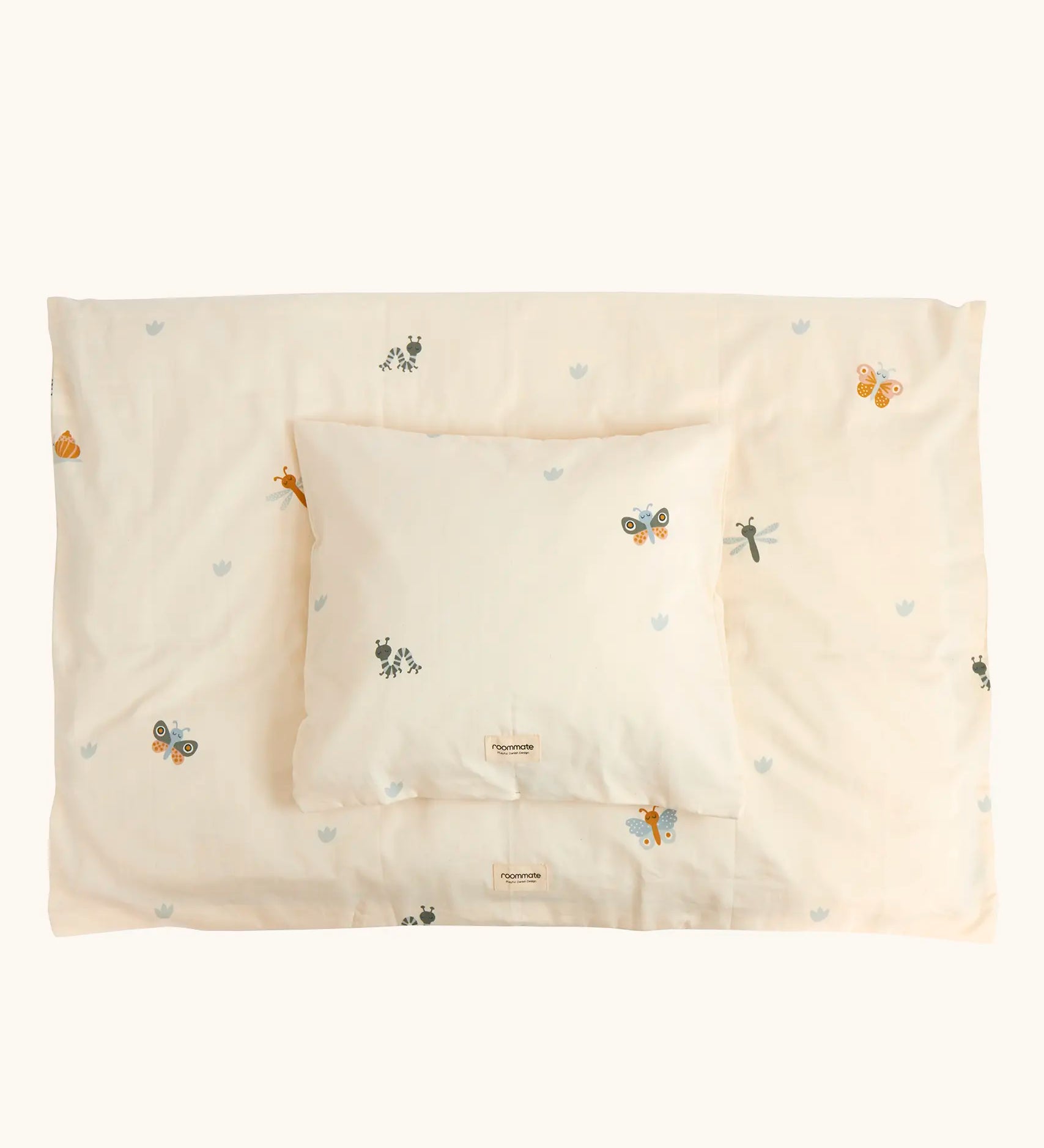Roommate single organic cotton duvet set with a baby bugs print on a cream background. 