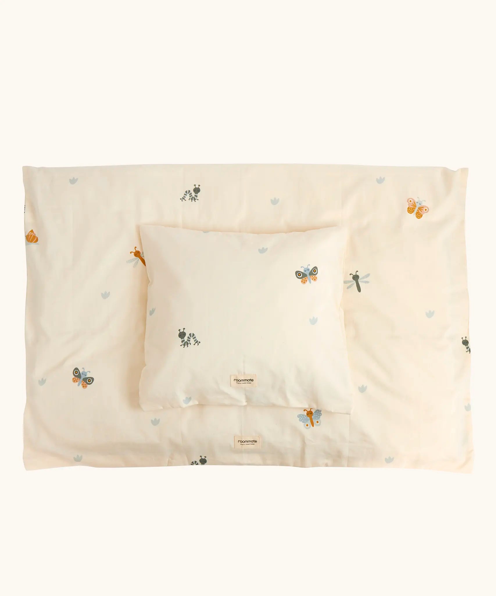 Roommate single organic cotton duvet set with a baby bugs print on a cream background. 