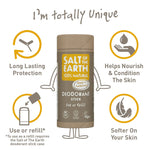 Salt of the Earth plastic-free amber and sandalwood solid deodorant stick infographic