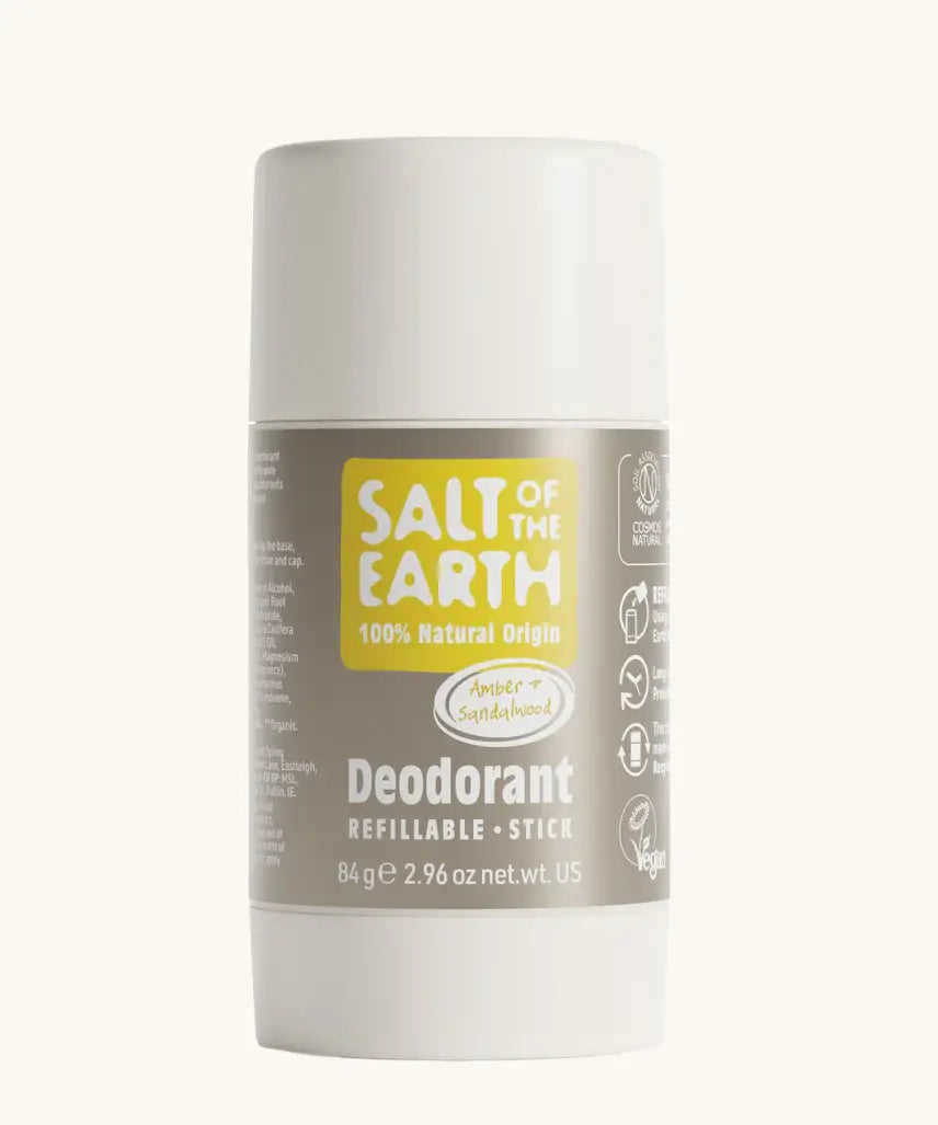 Salt Of The Earth refillable deodorant stick in 100% natural amber and sandalwood fragrance