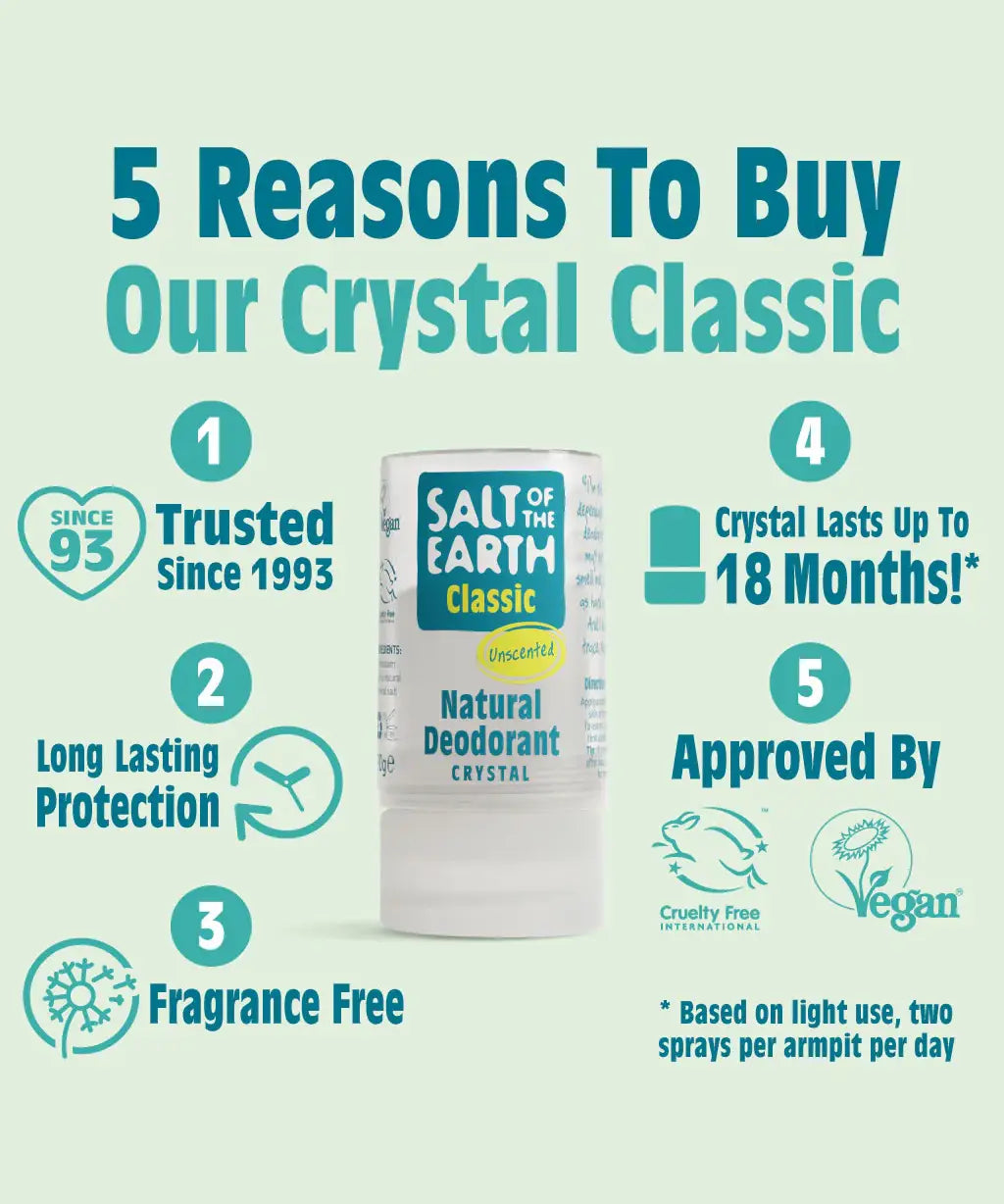 Salt Of The Earth unscented crystal deodorant stick infographic showing vegan, cruelty free certifications and other key benefits