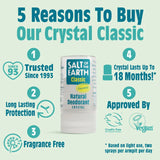 Salt Of The Earth unscented crystal deodorant stick infographic showing vegan, cruelty free certifications and other key benefits