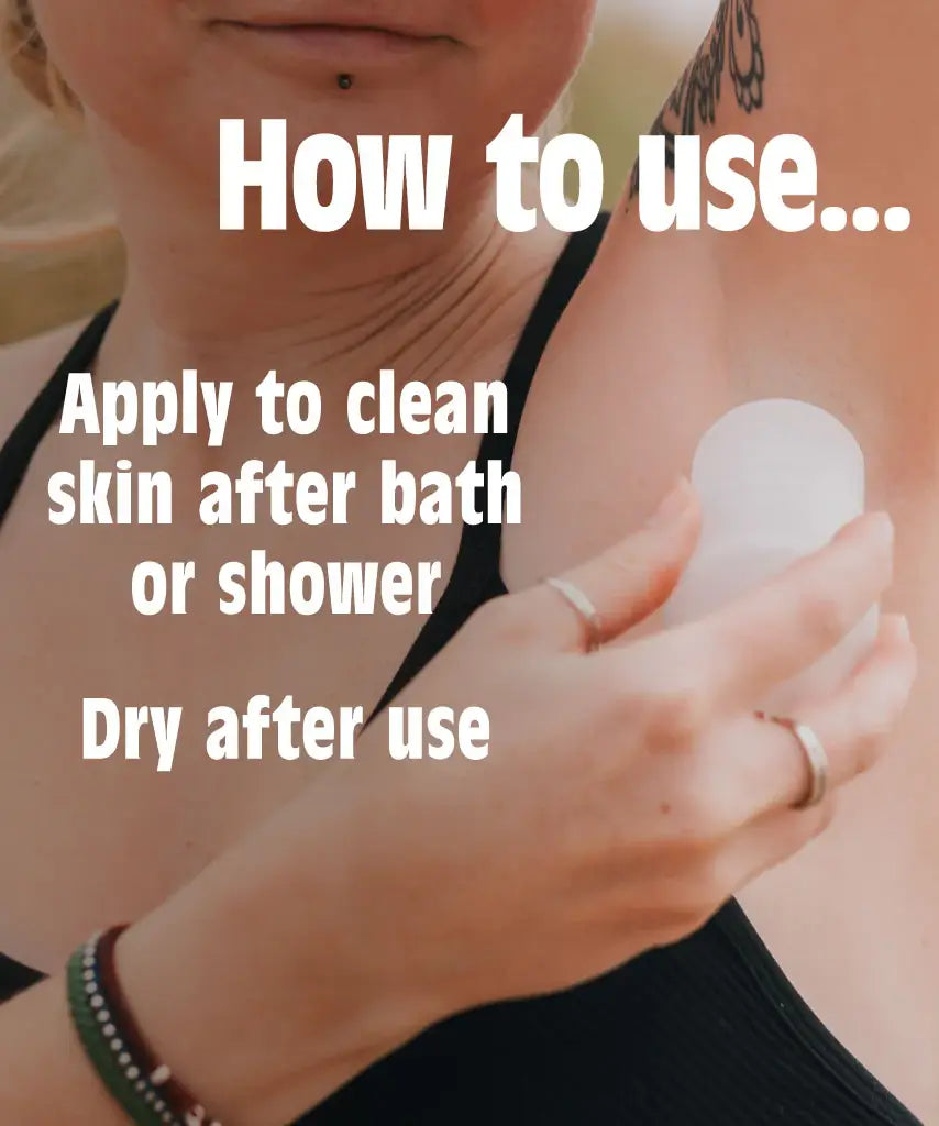 Salt Of The Earth unscented crystal deodorant stick infographic showing a woman on how to use