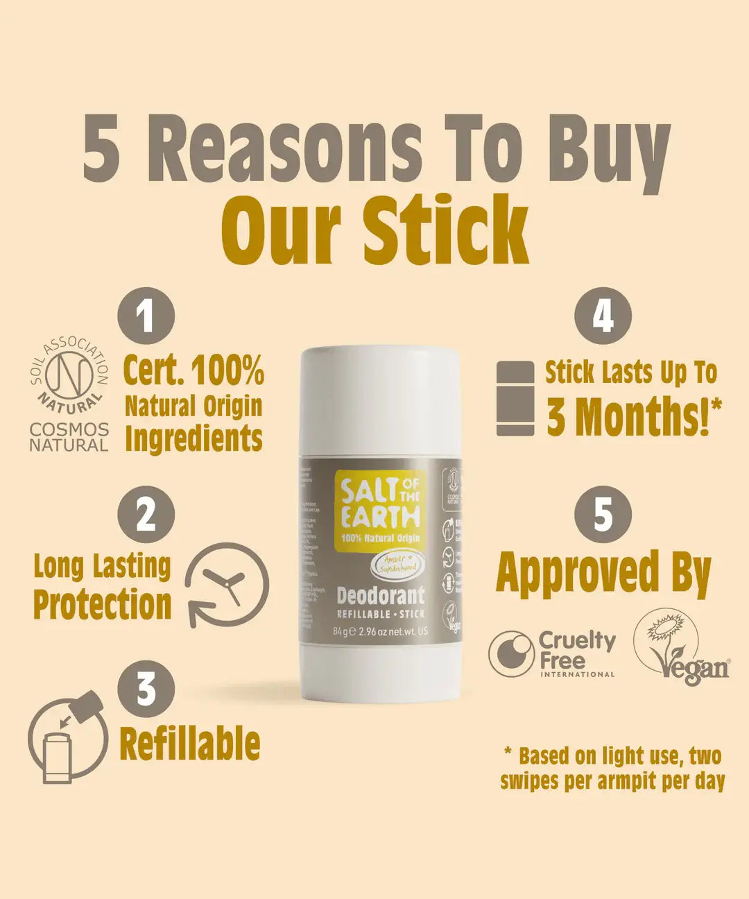 Salt Of The Earth refillable deodorant stick infographic showing vegan, cruelty free certifications and other key benefits
