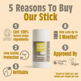 Salt Of The Earth refillable deodorant stick infographic showing vegan, cruelty free certifications and other key benefits
