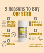 Salt Of The Earth refillable deodorant stick infographic showing vegan, cruelty free certifications and other key benefits