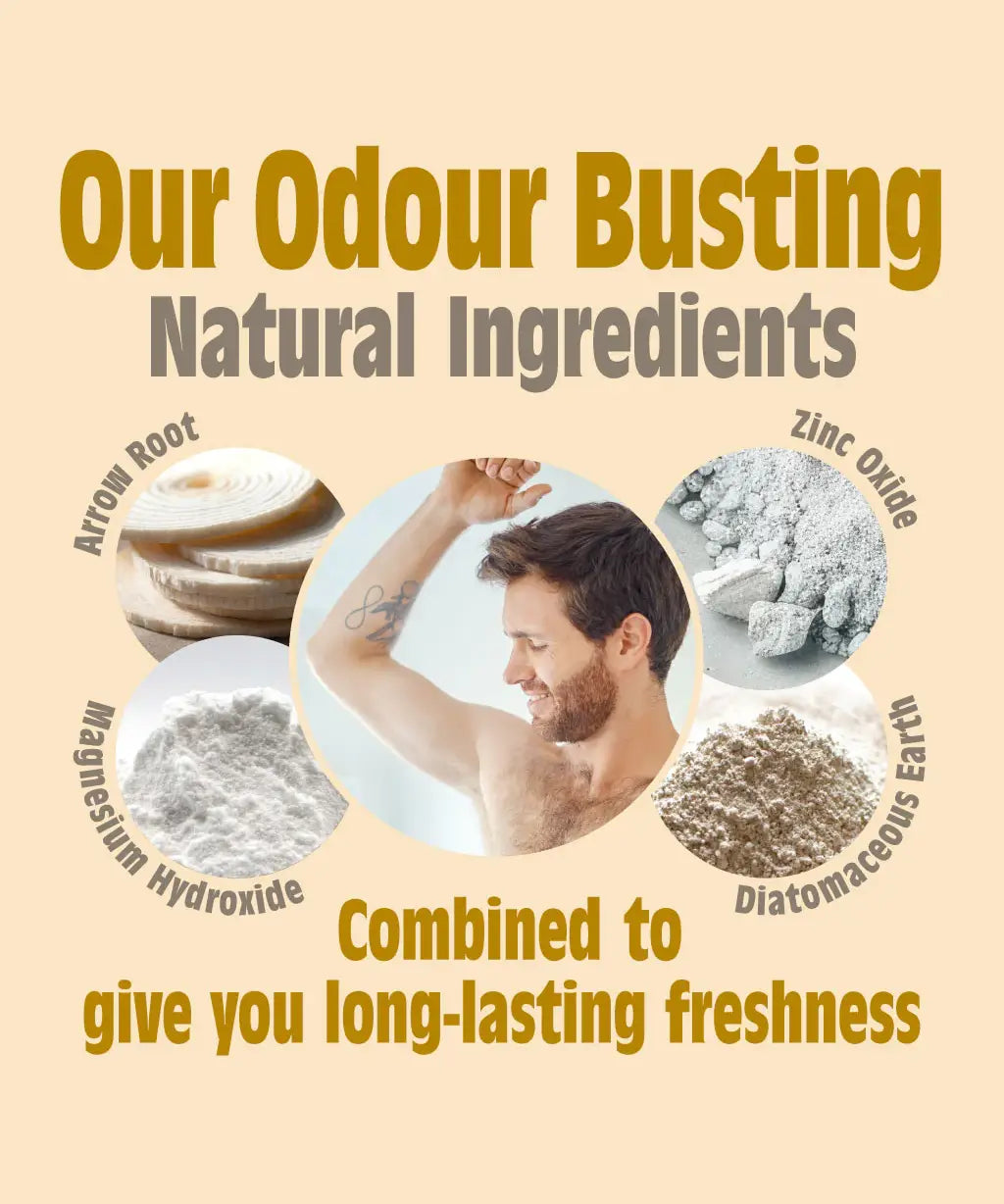 Salt Of The Earth refillable deodorant stick infographic showing key natural ingredients benefits