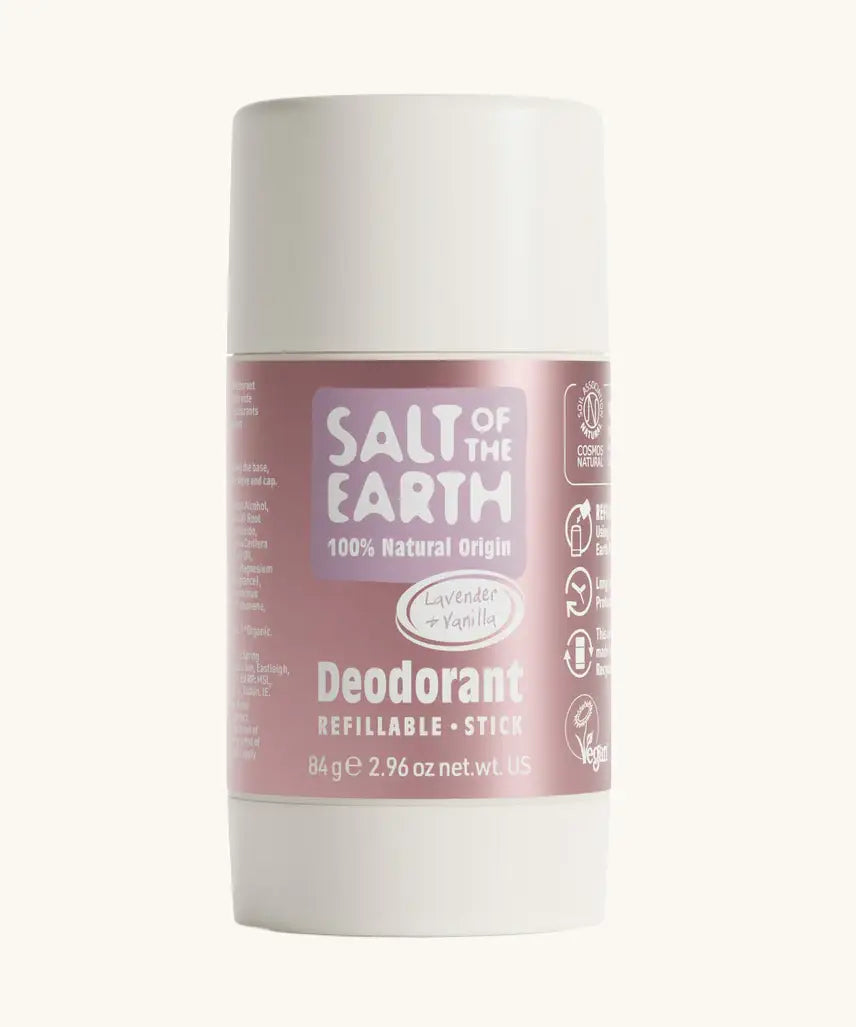 Salt Of The Earth refillable deodorant stick in 100% natural lavender and vanilla fragrance