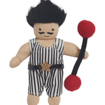  showing his strength by holding his weight bar with one hand!