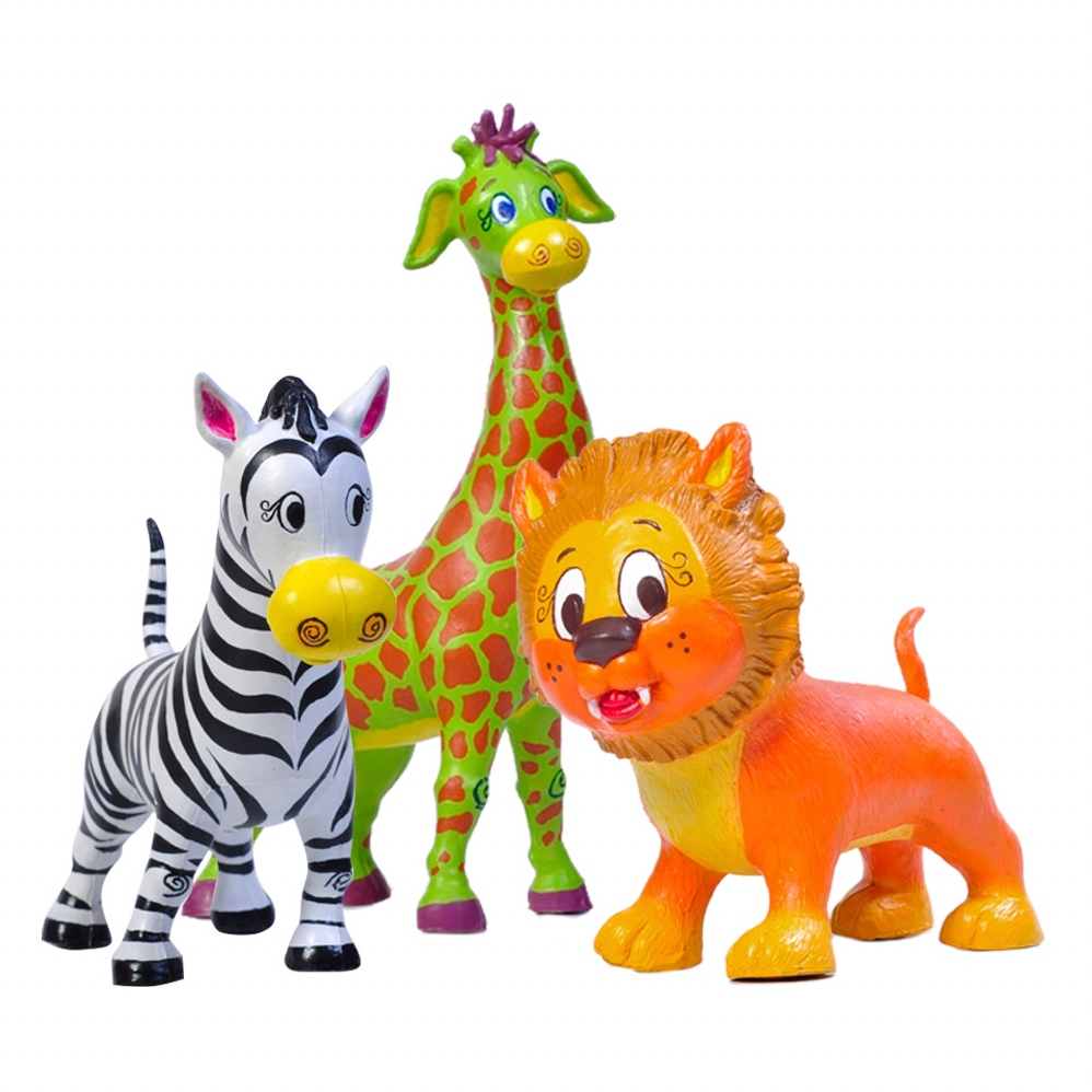 The Green Rubber Toys Jungle Chums pack of 3 rubber animals, including Leonardo Lion, Geraldine Giraffe and Zippy Zebra.