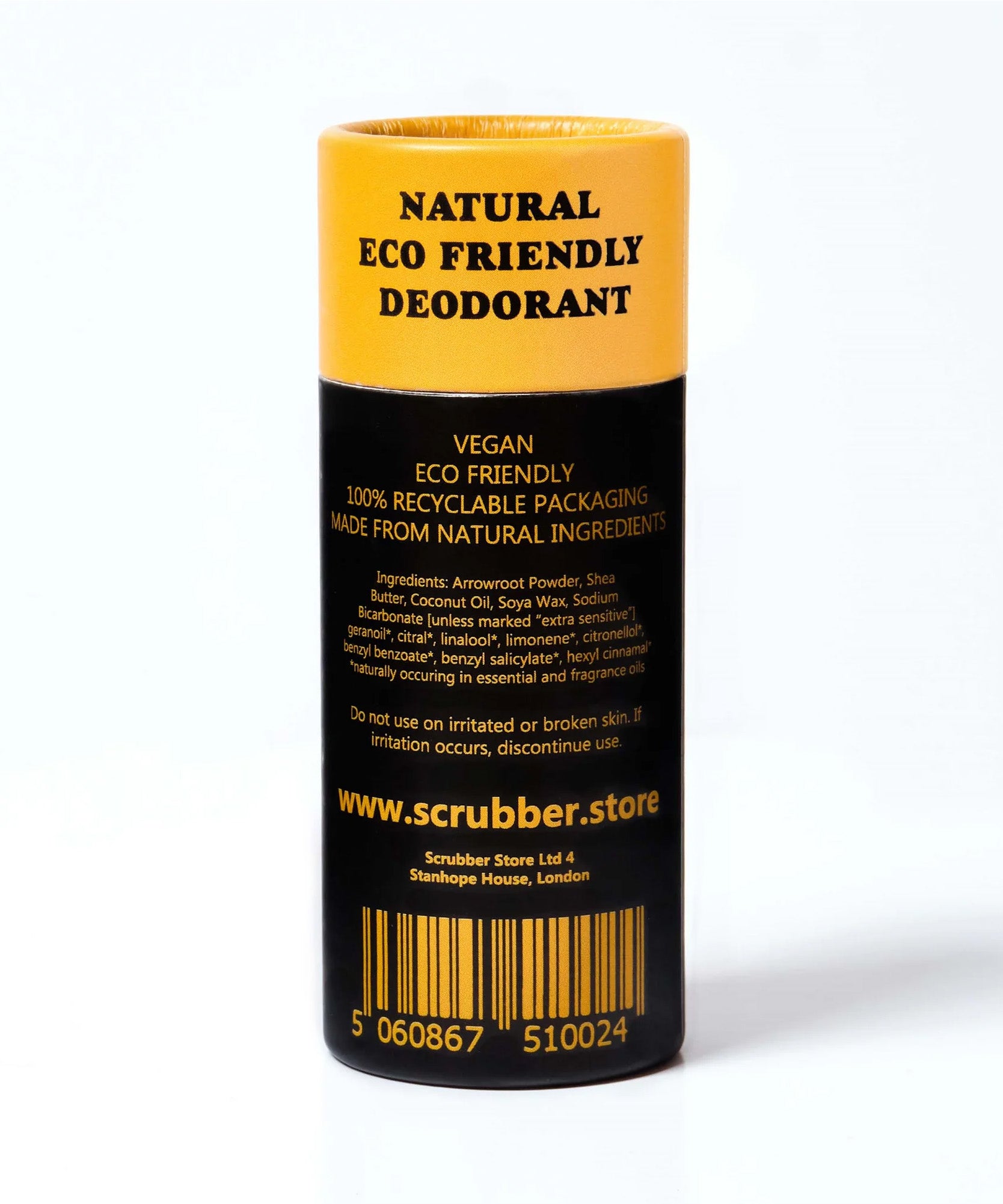The back of The Scrubber plastic-free natural deodorant with groovy packaging
