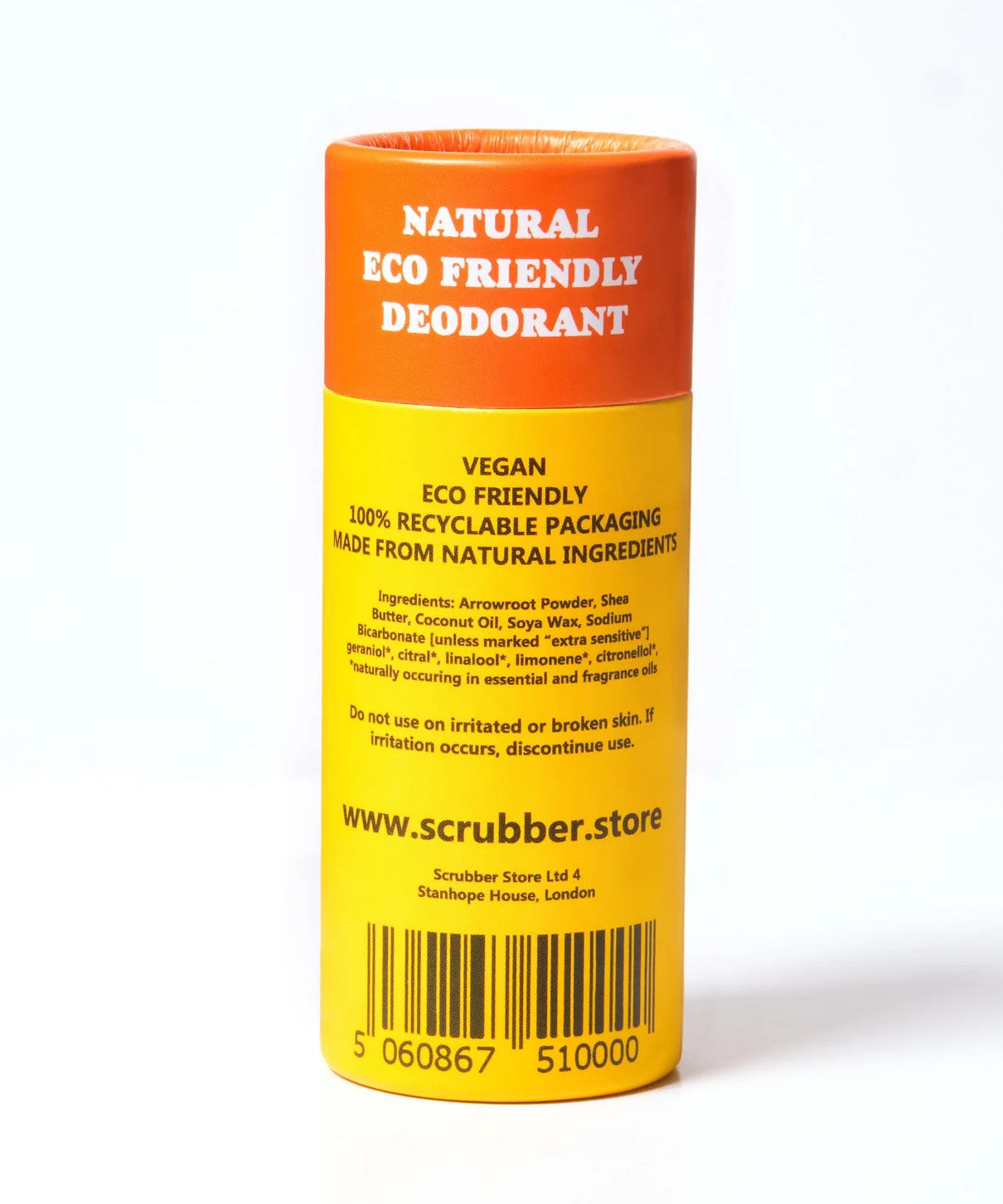 The back of The Scrubber plastic-free natural deodorant with groovy packaging
