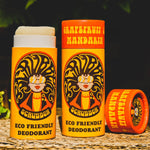 Two of The Scrubber plastic-free natural deodorants with groovy packaging, in a grapefruit and mandarin scent