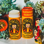 Two of The Scrubber plastic-free natural deodorant with groovy packaging, in a grapefruit and mandarin scent