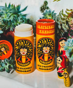 Two of The Scrubber plastic-free natural deodorant with groovy packaging, in a grapefruit and mandarin scent