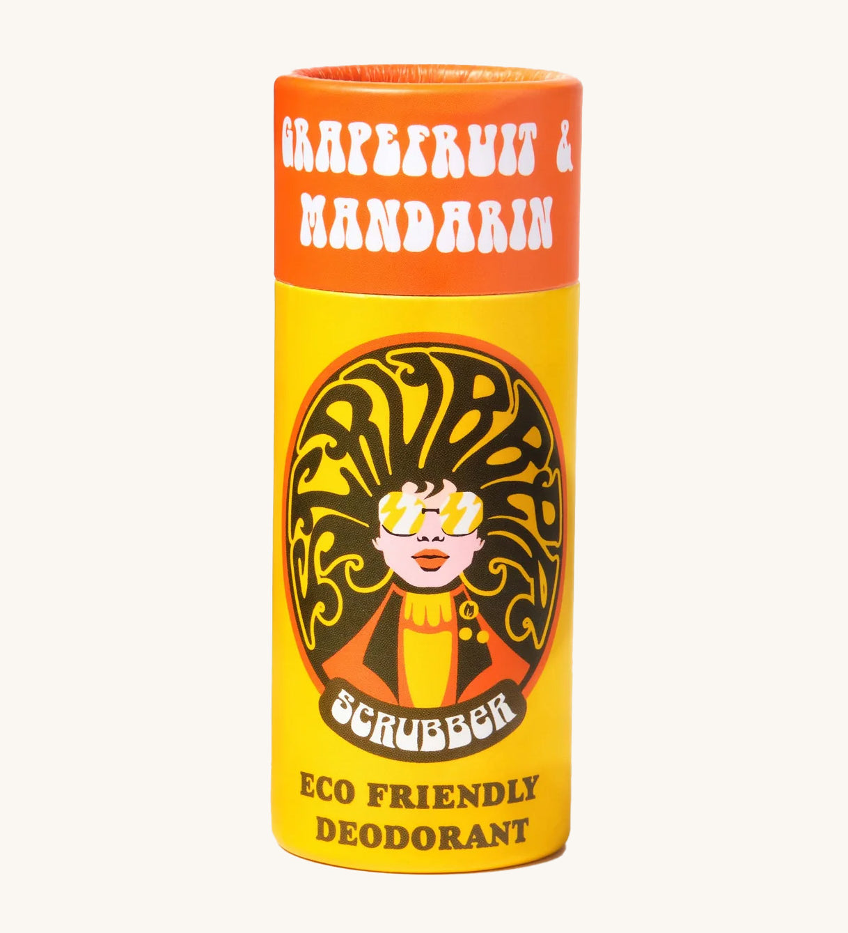 The Scrubber plastic-free natural deodorant with groovy packaging, in a grapefruit and mandarin fragrance