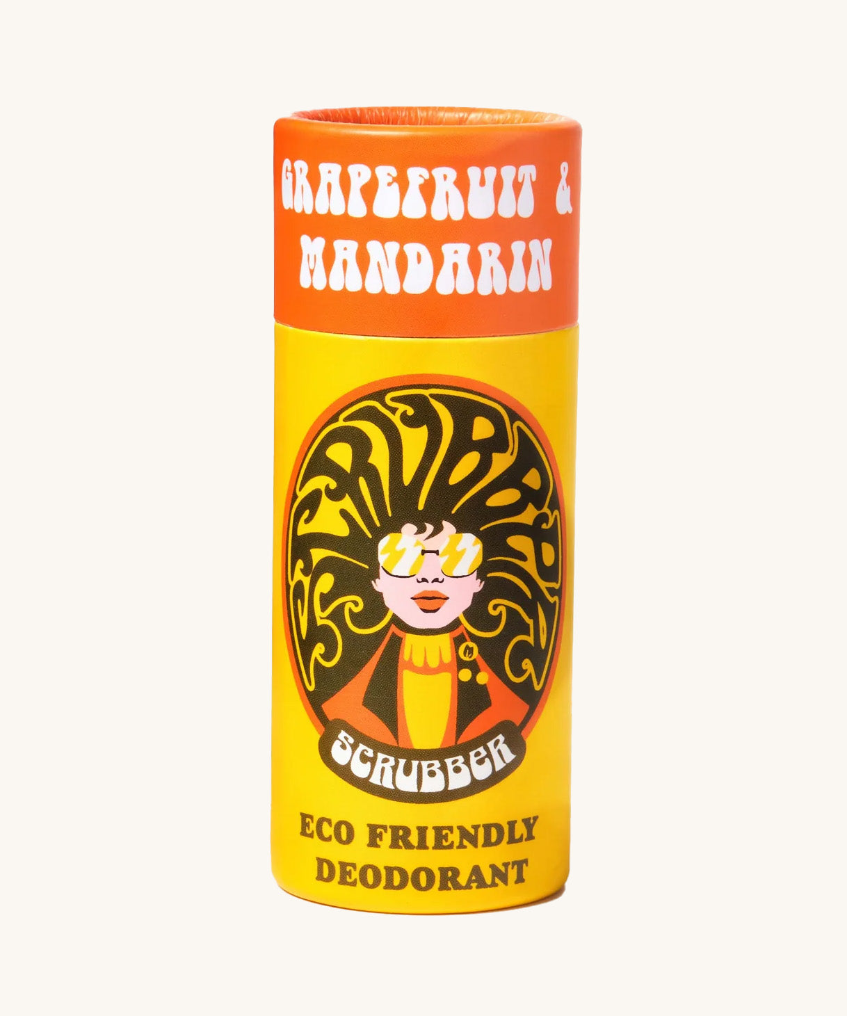 The Scrubber plastic-free natural deodorant with groovy packaging, in a grapefruit and mandarin fragrance