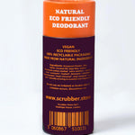 The back of The Scrubber plastic-free natural deodorant with groovy packaging,