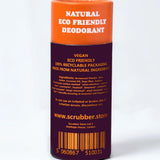 The back of The Scrubber plastic-free natural deodorant with groovy packaging,