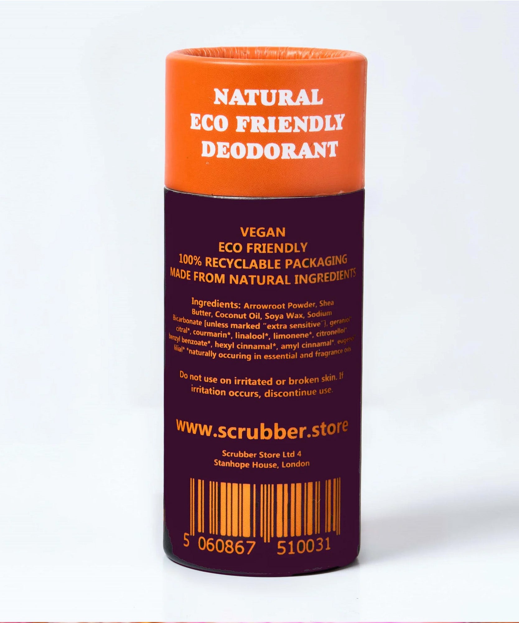 The back of The Scrubber plastic-free natural deodorant with groovy packaging,