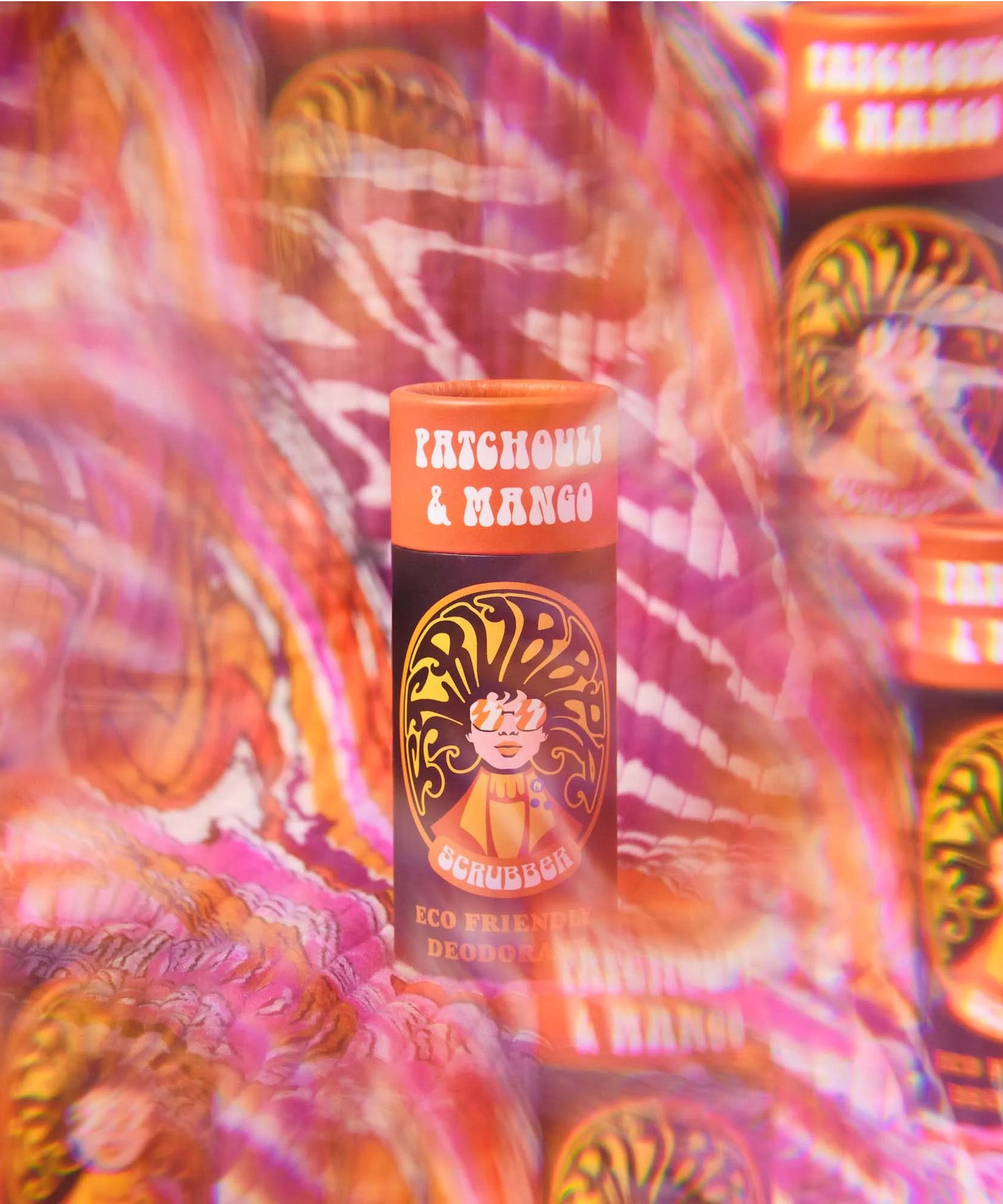 The Scrubber plastic-free natural deodorant with groovy packaging, on a psychedelic background