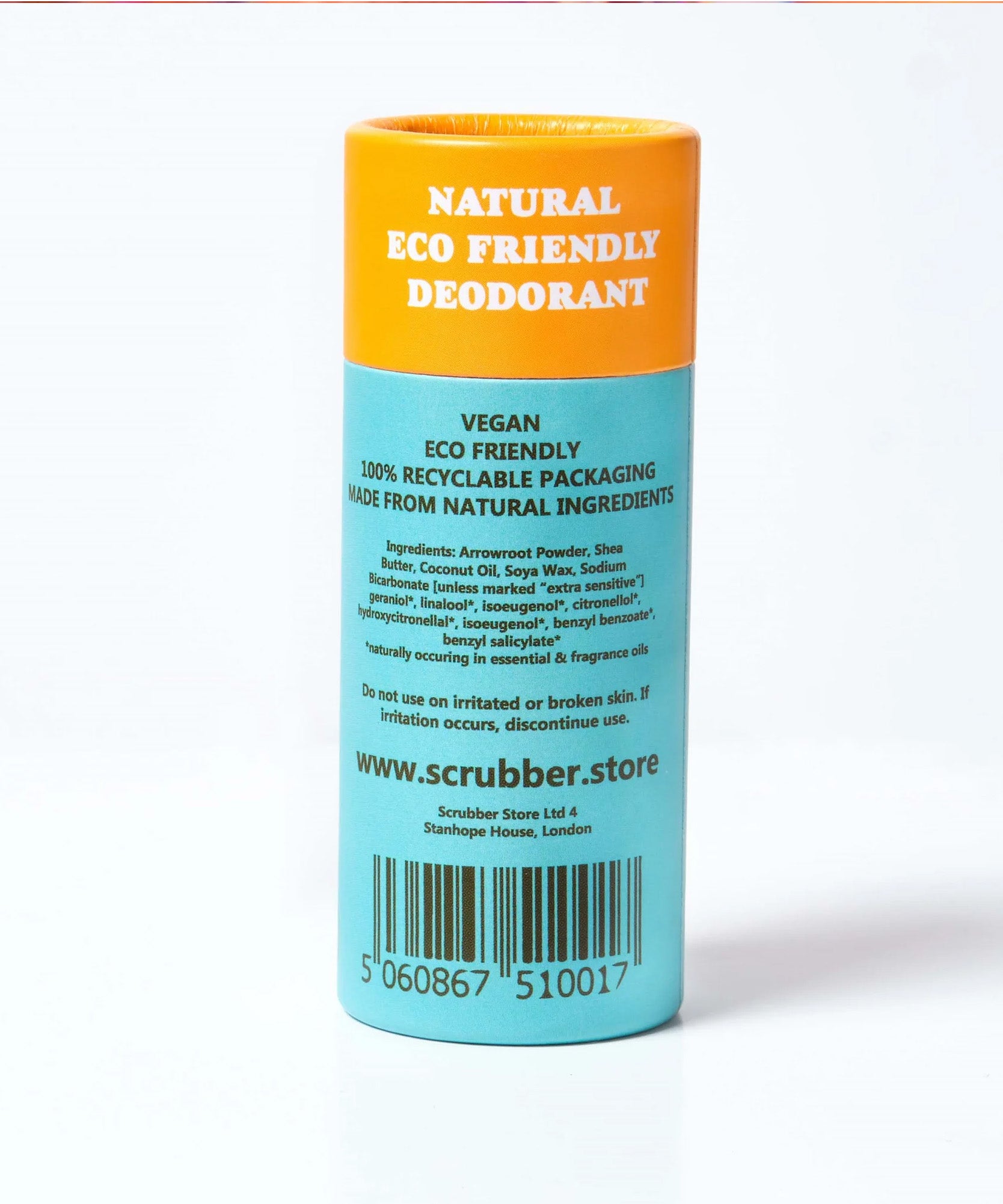 The back of The Scrubber plastic-free natural deodorant with groovy packaging