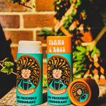 Two of The Scrubber plastic-free natural deodorant with groovy packaging, in a ylang and rose scent