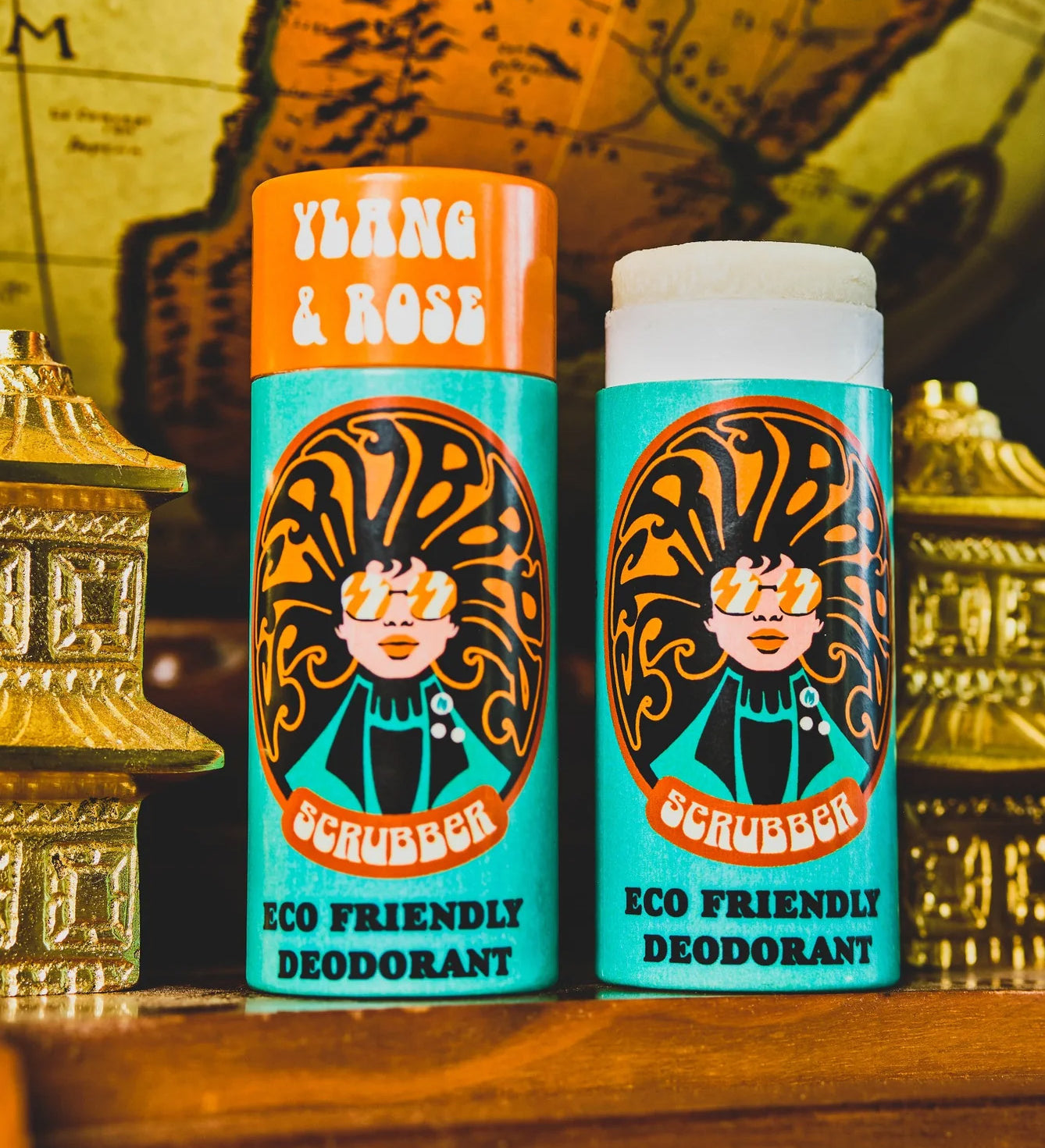 The Scrubber plastic-free natural deodorant with groovy packaging, in a ylang and rose fragrance