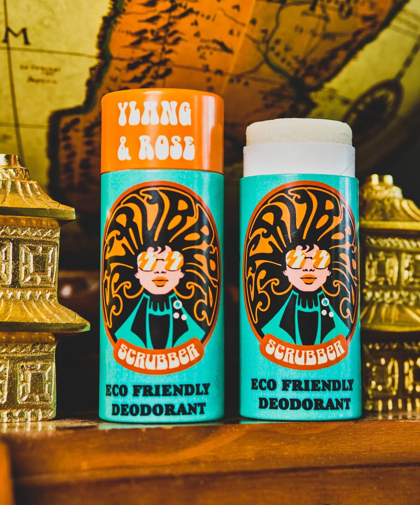 The Scrubber plastic-free natural deodorant with groovy packaging, in a ylang and rose fragrance